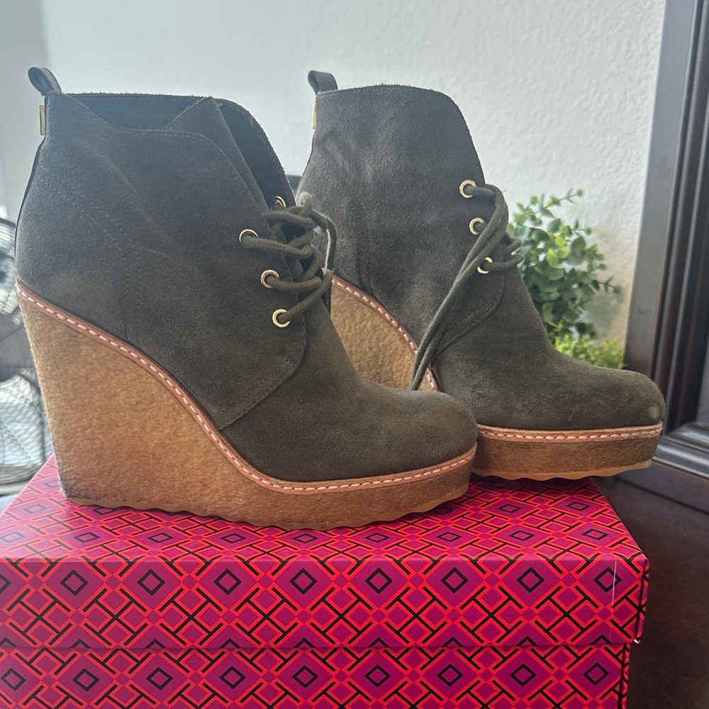 Tory Burch Olive Suede Lace-Up Wedge Booties
